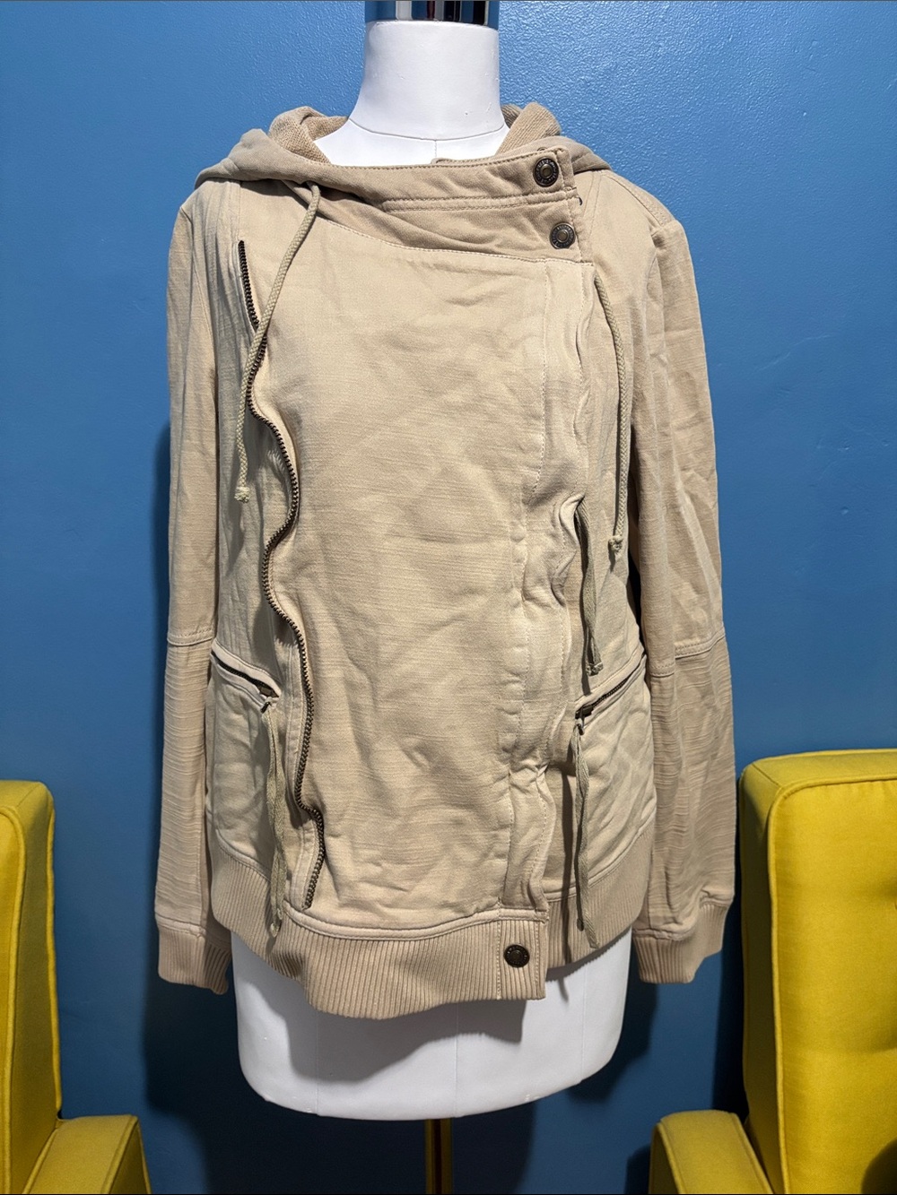 We The Free Taupe Asymmetrical Zip Hooded Jacket